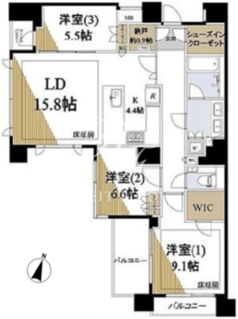 グランドヒルズ目黒一丁目 4F-3LDK 間取り図